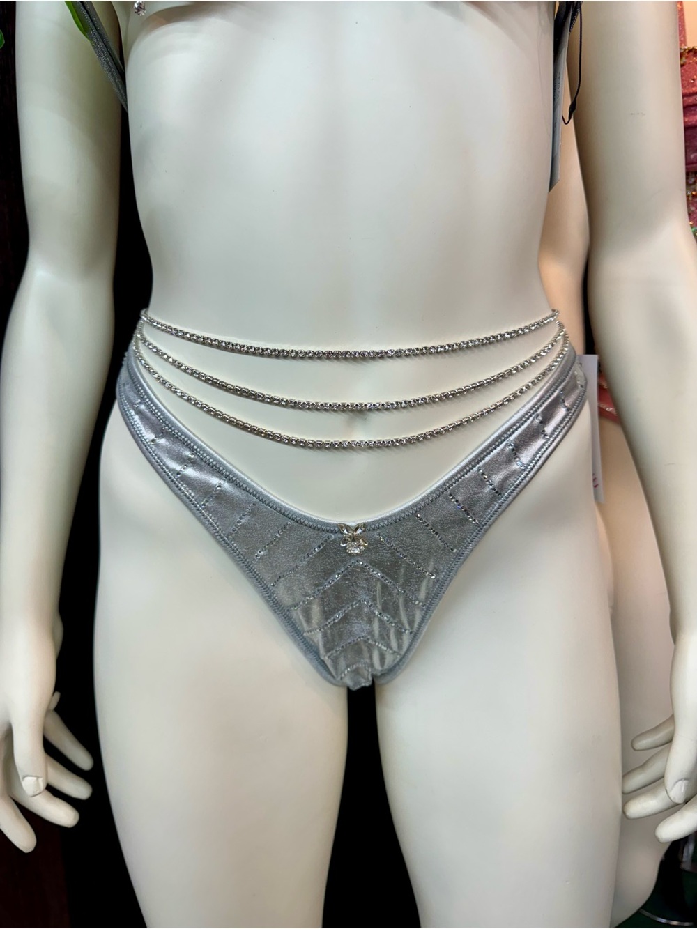 Silver Crystal Thong Bikini Bottoms - Size M